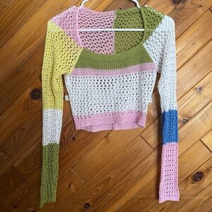 Color Block Crochet Cropped Sweater Size Small
